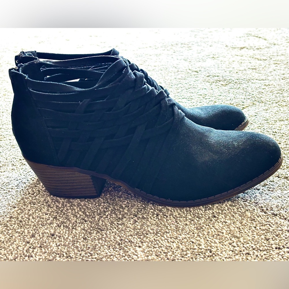 Fergalicious By Fergie, Black  Faux Suede Strappy Ankle Booties. Size: (8.5)